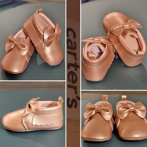 Carter's "child of mine" Rose Gold Moccasins Bow & Scallop Trim, Baby 3-6 Mos